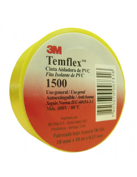 Cinta Eléctrica Temflex 1500 18mm x 10 mts. Amarilla